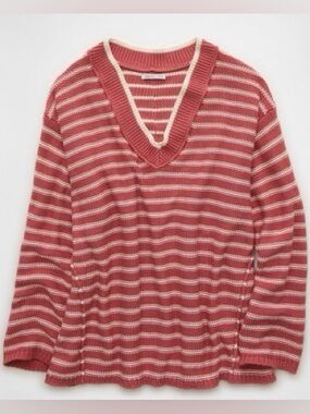 American Eagle Striped V-Neck Sweater in Rose and Cream